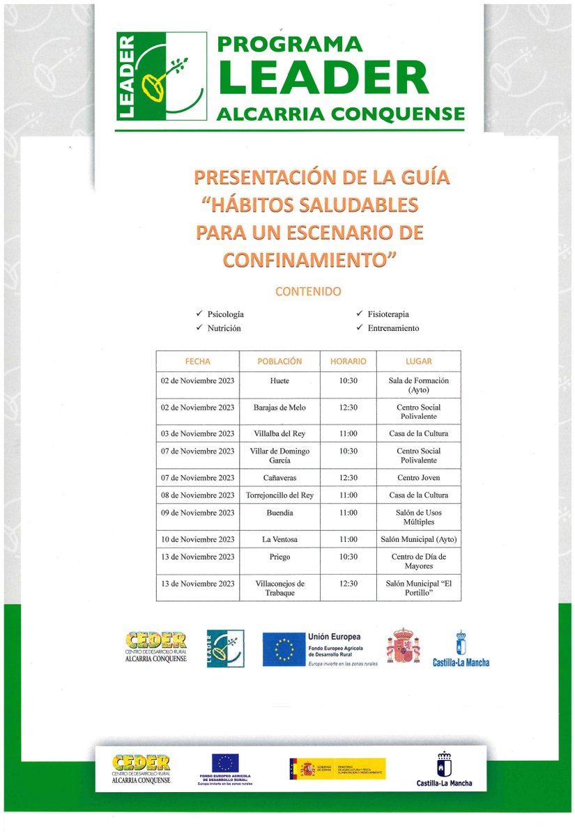 Os compartimos el cartel con las fechas y municipios donde se va a presentar la guía 'Hábitos saludables para un escenario de confinamiento'