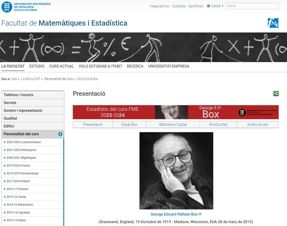 socestadistica's tweet photo. #redifusió
#nousperdeu les #BoxQuotes de la @FME_UPC
Aprofitant que aquest curs està dedicat a George Box, tot un referent en el camp de l'estadística
🔗 https://t.co/NMraQURtgD
#Stats #divulgació
cc/ @lupegom @GRBIO_BCN @StatsNuria @soccatmat @MMACA_cat https://t.co/TcyXJXfbl3