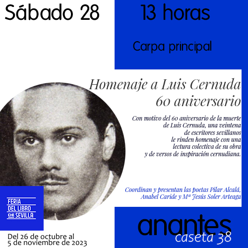 Pasaré la mañana en la <a href="/FLSevilla/">Feria Libro Sevilla</a>, así que allí os espero. A las 12 firmo en la Caseta de <a href="/anantesgc/">Anantes</a> y a las 13 en la Carpa, homenaje a Cernuda, sentiremos "el hechizo de la lectura" de sus versos.
¡Os esperamos!