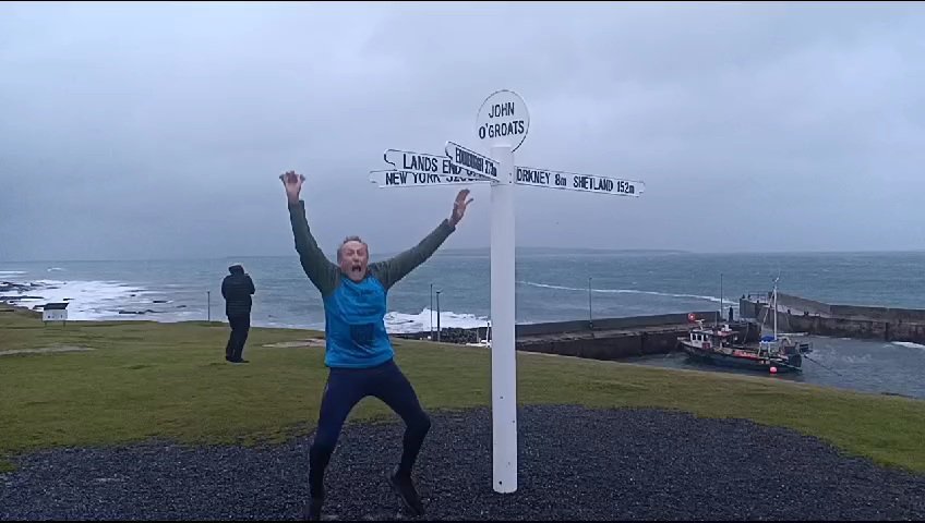 Congratulations to you, Dennis! He has done it (on Thurs in fact) despite the strong headwind, & there being no one about to take his picture! Now warm & dry in Inverness, ready for a triumphant return on Monday! Amazing achievement, wonderful adventure remarkable man! 🚴 👏