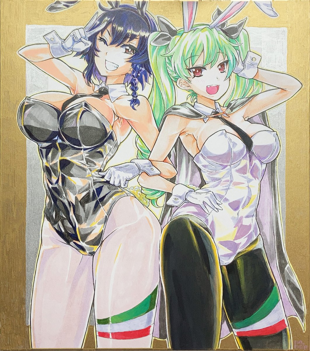 アンチョビ(ガルパン) ,ペパロニ(ガルパン) 「#このタグを見た人は黙ってうさぎをはる 」|なべゆ@C102(土)東34a🧊のイラスト