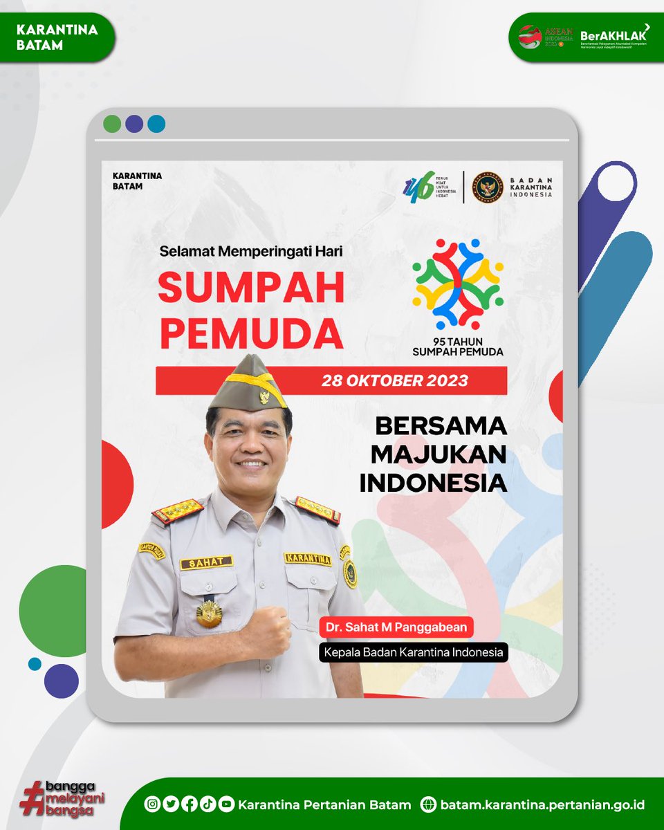 bkpbatam's tweet photo. SobatQ,

Tanggal 28 Oktober diperingati sebagai Hari Sumpah Pemuda, lho. Sesuai dengan tema tahun ini, yaitu ”Bersama Majukan Indonesia”, mari bersama kita bersatu, bekerja keras, dan berkarya untuk Indonesia 🇮🇩

#KarantinaIndonesia
#HariSumpahPemuda2023
#BersamaMajukanIndonesia https://t.co/GAr5dRaxaH