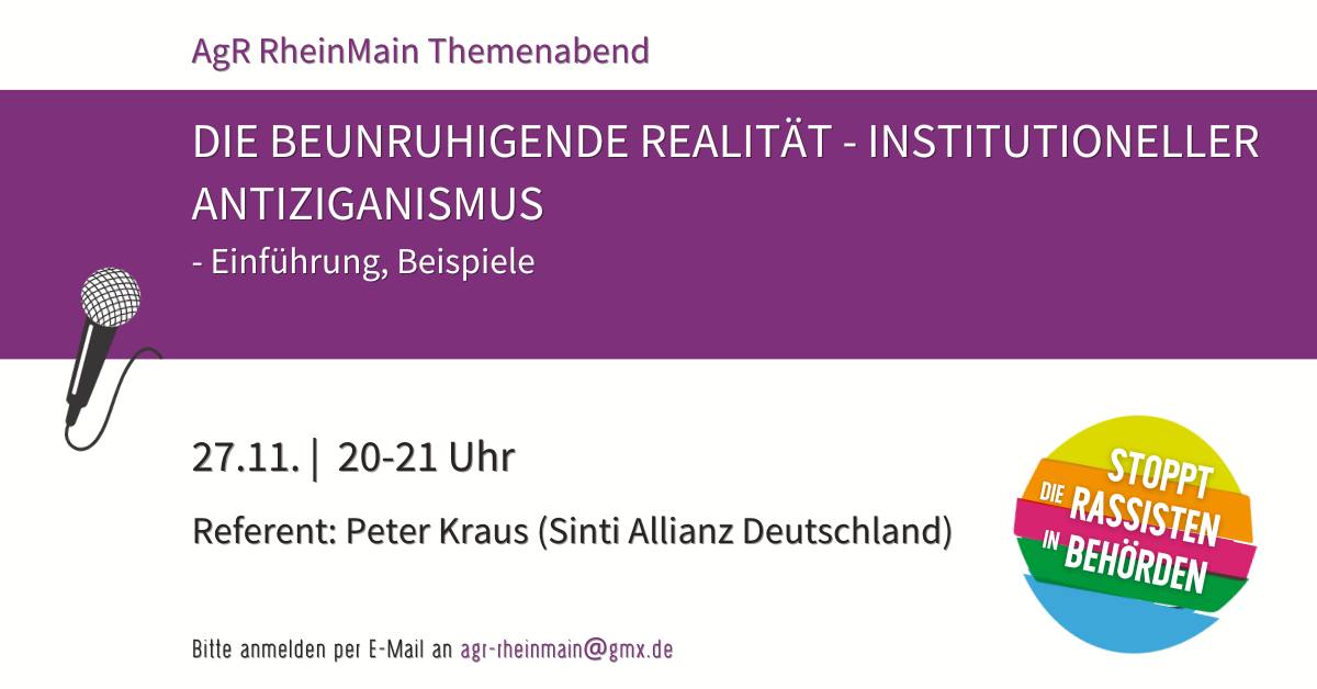 Newsletter: Aufstehen gegen Rassismus RheinMain - KW 43/2023 - mailchi.mp/bc71748a7889/a…
📷 25./26.11.: Bundesweites Treffen der regionalen AgR-Gruppen &amp; -Bündnisse (Ffm)
📷 27.11.: Virtueller AgR RheinMain Themenabend "Die beunruhigende Realität - Institutioneller Antiziganismus"