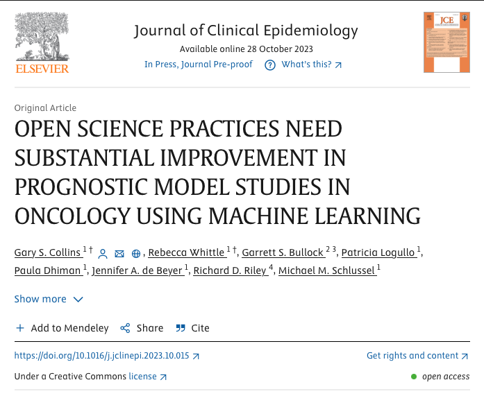 NEW #openaccess paper in @JClinEpi #Openscience practices need substantial improvement in prognostic models in oncology using #machinelearning -> tinyurl.com/468m8buw Registration & protocols rare, data & code sharing uncommon, prediction models largely unavailable☹️