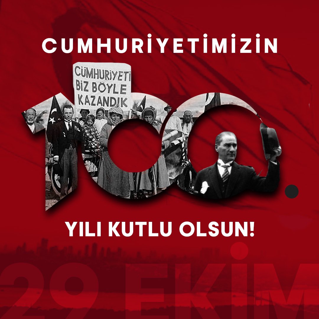 Cumhuriyetimizin kurucusu Gazi Mustafa Kemal Atatürk başta olmak üzere tüm silah arkadaşlarını ve aziz şehitlerimizi rahmetle, kahraman gazilerimizi şükranla anıyor; Cumhuriyetimizin 100. yılında herkesin Bayramı’nı kutluyorum.