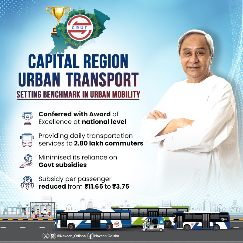 Naveen_Odisha's tweet photo. Glad to know that Capital Region Urban Transport (@CRUT_BBSR) has once again gained national recognition for running an efficient & successful integrated transit system. Our consistent effort to revolutionise urban mobility is bearing fruitful results as CRUT has substantially minimised its reliance on Govt subsidies while providing daily transportation services to around 2.80 lakh commuters. #OdishaLeads