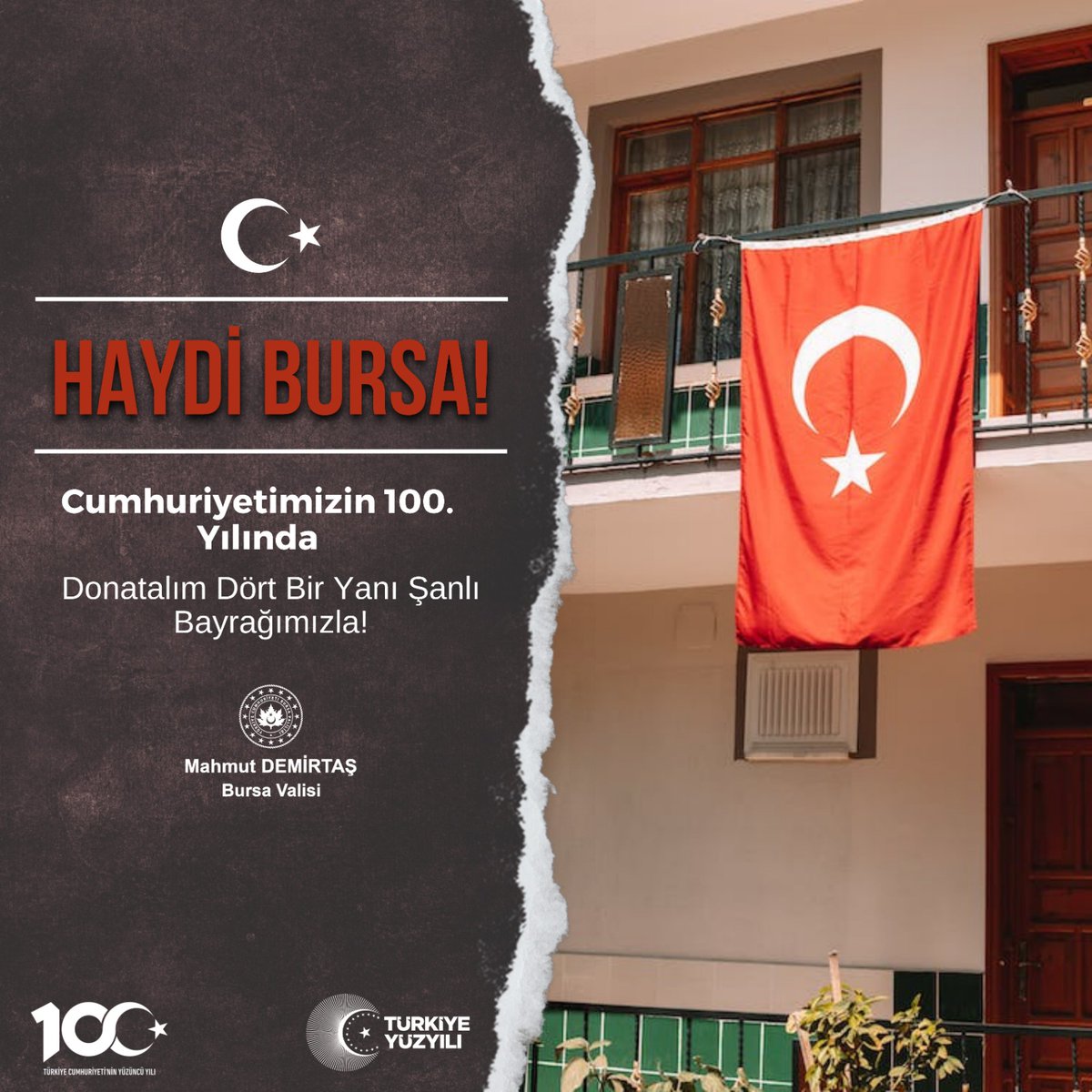 Haydi BURSA! Cumhuriyetimizin 100. yılında donatalım dört bir yanı şanlı bayrağımızla! <a href="/TC_icisleri/">T.C. İçişleri Bakanlığı</a>
<a href="/BursaValiligi/">T.C. Bursa Valiliği</a>
<a href="/mahmutdemirttas/">Mahmut Demirtaş</a>
@Seref__aydin
<a href="/112teknumara/">112 Acil Çağrı Merkezleri</a>
#acildurumdateknumara112