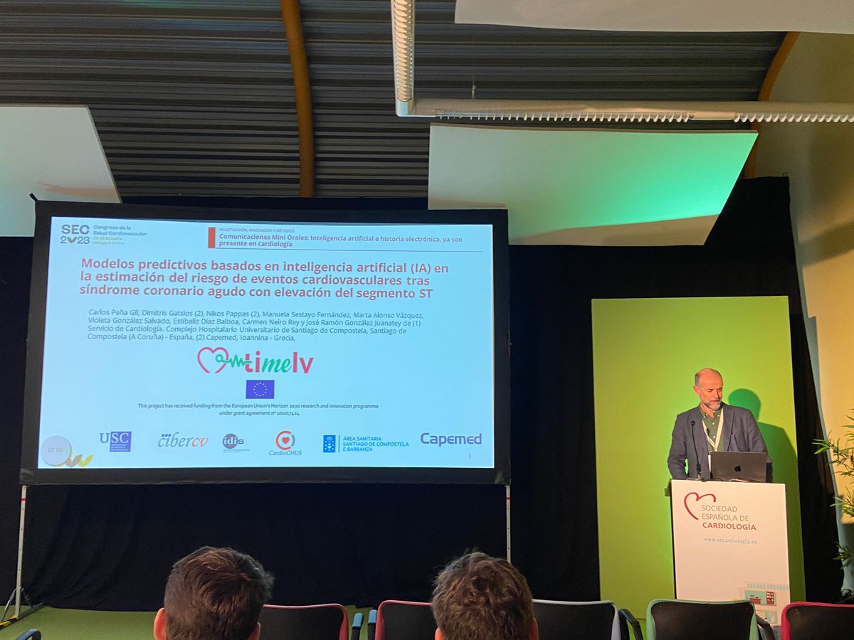 timely_EU's tweet photo. @carlospenagil has presented at the @secardiologia congress in Málaga: the #Artificial_Intelligence predictive models developed within the #TIMELY_EU project for estimating the risk of #cardiovascular events after #STEMI
Get updates on #TIMELY_EU here: 👇🏽
https://t.co/an2rfxi2XR https://t.co/ANIkG2Q0z6