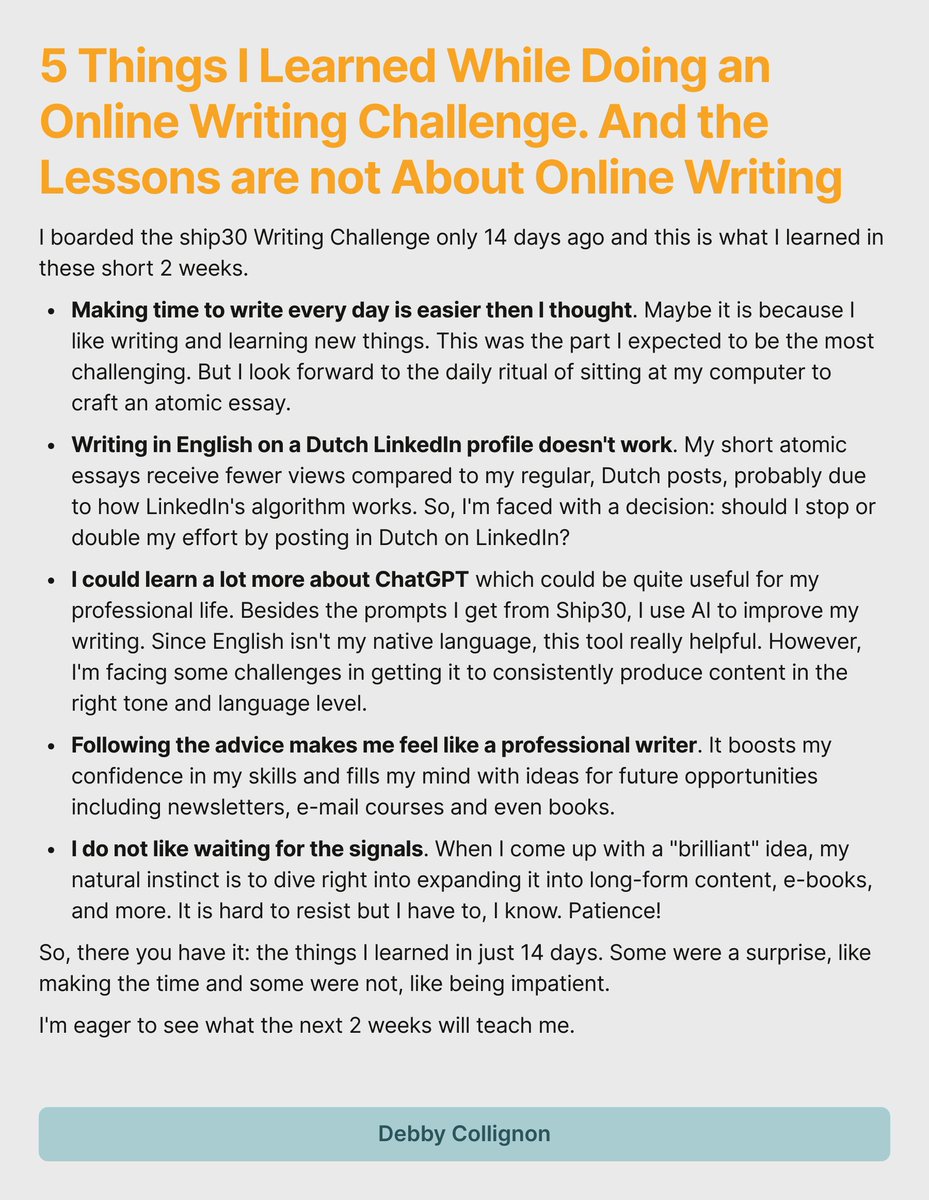 DinPedagogiek's tweet photo. 5 Things I Learned While Doing an Online Writing Challenge. And the Lessons are not About Online Writing
#WritingChallenge #LearningJourney #ProfessionalGrowth #LanguageSkills #LinkedInWriting #ContentCreation #AIWriting #PatienceIsKey #CreativeIdeas #Ship30For30 https://t.co/GPZsJ8vJt6