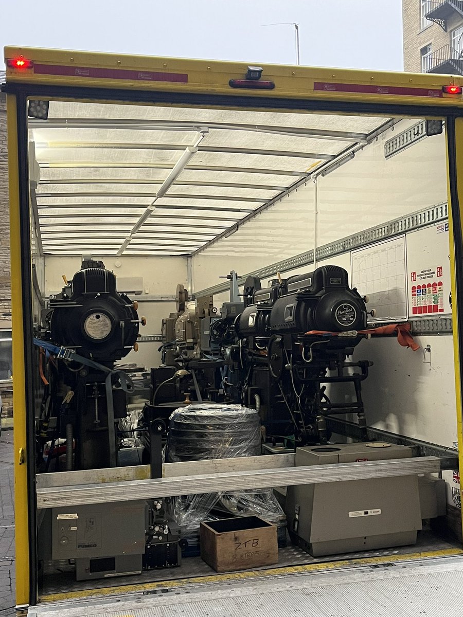 A century of cinema history arrives at <a href="/deanclough/">Dean Clough</a> Halifax!

The Projected Picture Trust is leaving @esa_learning and moving the equipment stored there to our main storage in Dean Clough Mills.

How many projectors do you recognise?