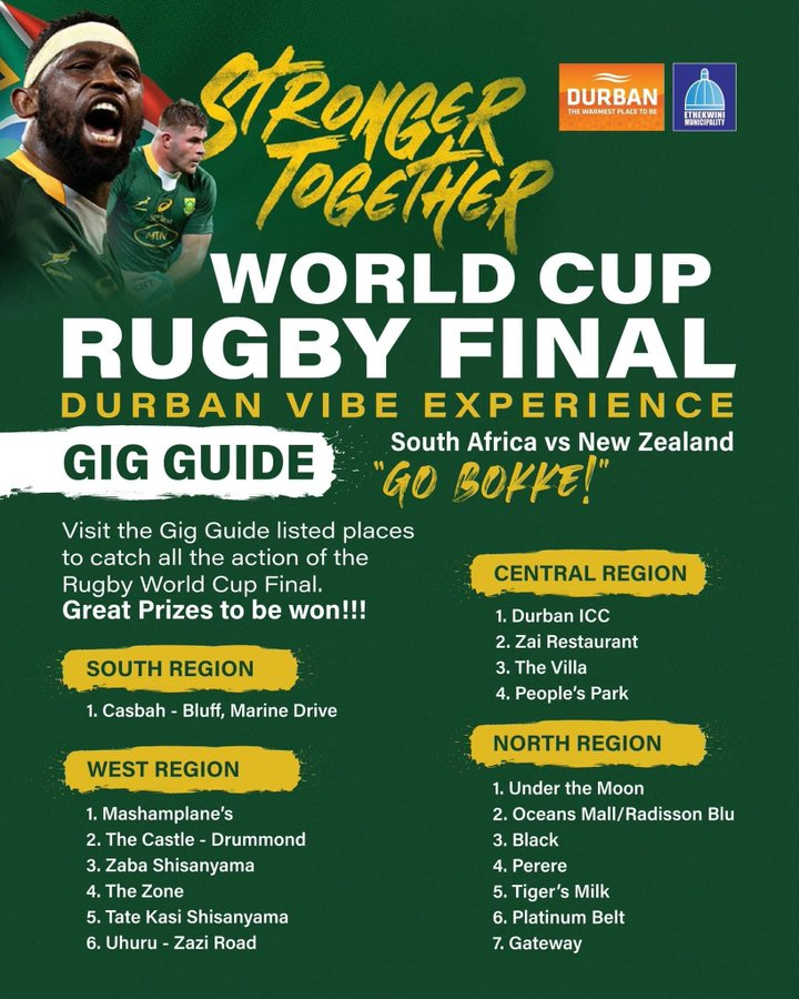 GovernmentZA's tweet photo. We support Green and Gold 💚💛#strongertogether #WorldRugbyCup #FanParks #NZLvRSA #Springboks #StrongerTogether #RWC2023 https://t.co/TXfCg1udSv