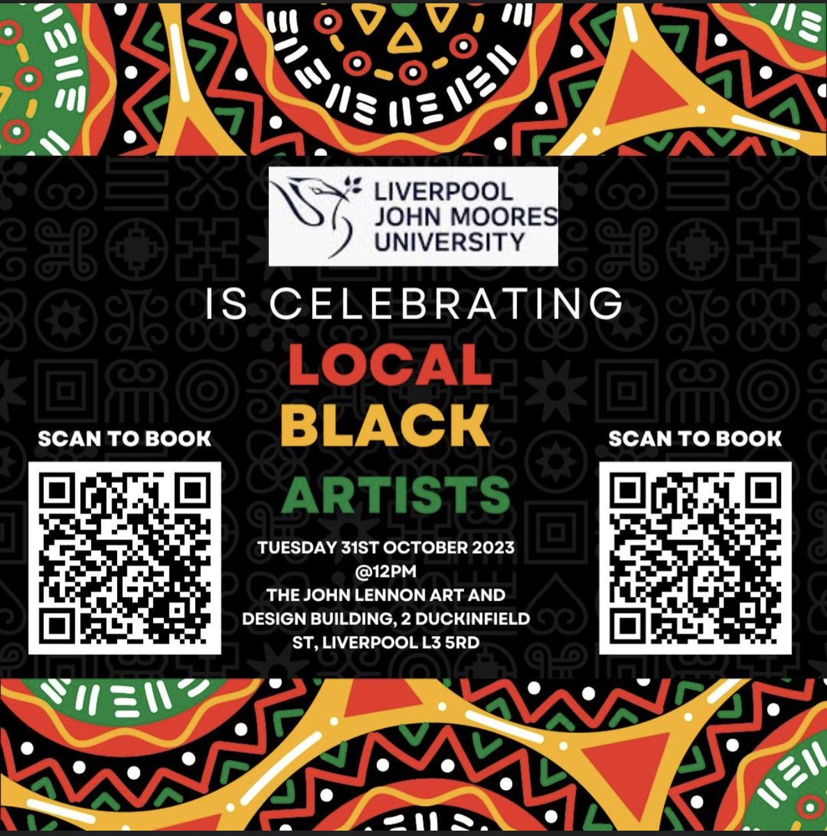 Last few remaining tickets for our @ljmu Local Black Artists Exhibition next Tuesday 31st October 12-2:30pm #BHM23 #Art #Exhibition #education @LJMUarts @chantellelunt @AngeGarden eventbrite.com/e/celebrating-…