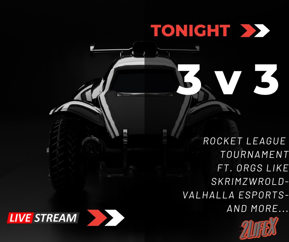 We are pumped for TONIGHT as we have our 3v3 ROCKET LEAGUE tournament!🔥Shoutout to <a href="/skrimzworld/">SKRIMZWORLD</a> and <a href="/Valhalla_NA/">Valhalla Esports</a>  for joining in our tournament- we can’t wait to see what your players/teams got.🔥Come watch the live stream over on Facebook at 9 PM EST! (CASH PRIZE)🤑link 👇🏻 #2LX