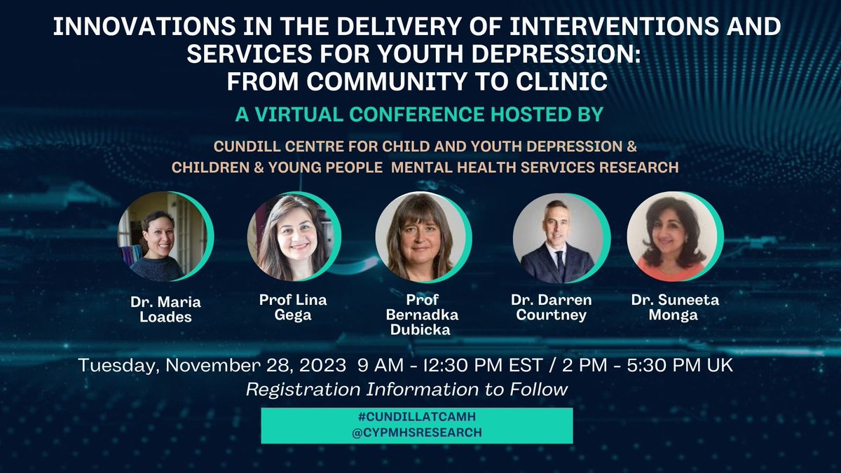 @drpeterszatmari @DrDCourtney Registration now Open: Free webinar, great international speakers! Led by CAMH Cundill Centre & CYPMHS Research: 'Innovations in the delivery of interventions and services for Youth Depression: From Community to Clinic' - Tuesday 28th November. facmed.registration.med.utoronto.ca/portal/events/…