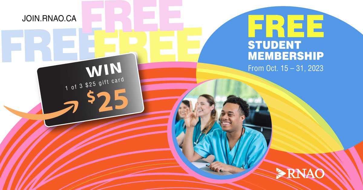 Undergraduate nursing students, be entered to win 1 of 3 $25 Amazon gift cards. 

All you need to do is join or renew RNAO membership by Oct. 31, 2023. That's it! 

➡️join.RNAO.ca 

Contest rules: MyRNAO.ca/2023octfreeuns

<a href="/NursingStudentO/">Nursing Students of Ontario (NSO)</a> <a href="/dorisgrinspun/">Dr. Doris Grinspun 🇨🇦 RN, PhD, FAAN, O.ONT</a>