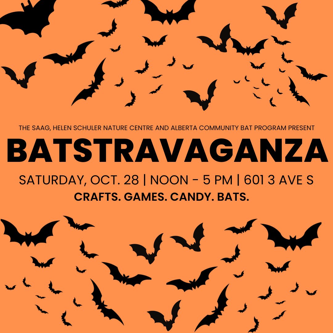 Join us today at the Southern Alberta Art Gallery for Batstravaganza! 

This special Halloween event is all about our favorite furry flying creatures: bats! 

There will be games, crafts &amp; candy. Visitors of all ages are welcome. Wear a costume &amp; get in FREE!