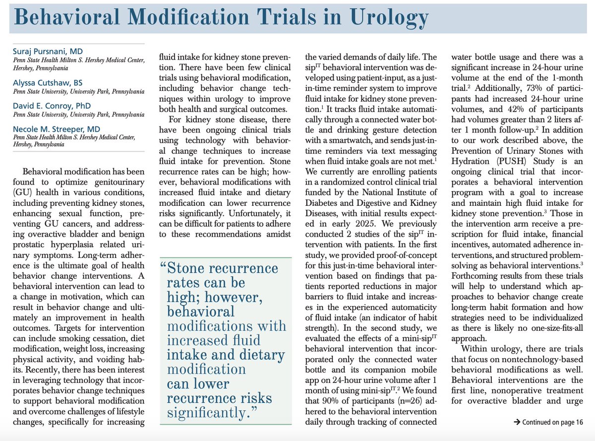 Excited to share our AUA News issue on “Behavioral Modification Trials in Urology”. Thank you <a href="/NStreeps/">Necole Streeper</a> for this opportunity! 

Link: auanews.net/issues/article…

<a href="/PSH_Urology/">Penn State Urology</a> <a href="/PennStHershey/">Penn State Health</a>