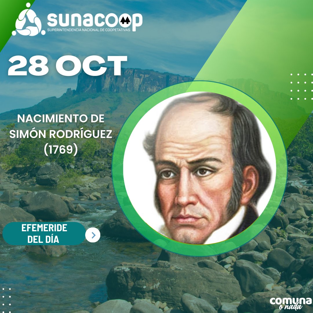 Simón Narciso de Jesús Carreño Rodríguez, más conocido como Simón Rodríguez fue un gran pedagogo, escritor y pensador latinoamericano. Nació el #28DeOctubre  de 1769 en Caracas- Venezuela.
#Efemerides
<a href="/NicolasMaduro/">Nicolás Maduro</a> 
<a href="/jaarreaza/">Jorge Arreaza M</a> 
<a href="/hvargas1979/">Hernán Vargas</a> 
<a href="/EulaliaTabares/">Eulalia Tabares</a>