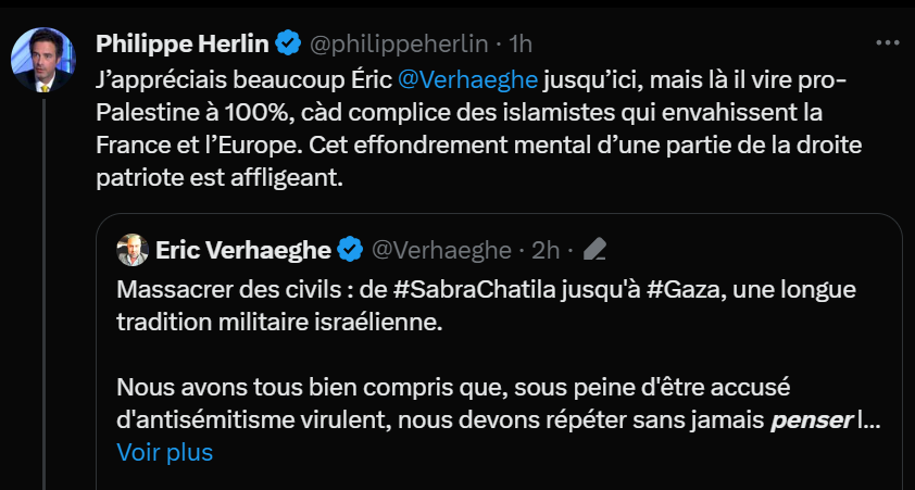 Verhaeghe's tweet photo. On ne se lasse pas de celui-là, @philippeherlin. Les mecs : on avait un Yalta qui marchait bien. Vous me foutiez la paix, en échange je ne disais rien sur toutes les tractations financières que je voyais dans une prétendue #Resistance à la #vaccination, et tout, et tout. Pourquoi Herlin, qui me fait si souvent pitié quand je le croise dans la rue, avec ses airs de dépressif sous Temesta, vient le briser, ce Yalta ? Vous êtes sous pression, ou quoi ? Ou alors la peur de ne plus passer chez @andrebercoff l'oblige à raconter ses conneries. Bon, calmez-le, sinon la mémoire va commencer à me revenir sur les petits arrangements dans l'opposition infiltrée, et je ne suis pas sûr que la cause d'#Israel qui vous semble si importante (je me demande bien pourquoi) en sortira grandie.
