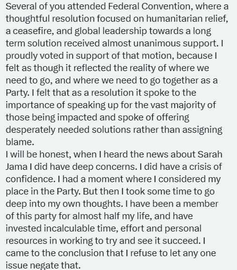 Jessa_McLean's tweet photo. I'm mortified for Marit Stiles' riding of @DavenportNDP 

Their President (a good friend and colleague of @MaritStiles) tells members to be quiet and make a donation to absolve their guilt over Palestine.

You can't fix a Party when people like this are leading the way.

/1 https://t.co/gdmtixGvtK