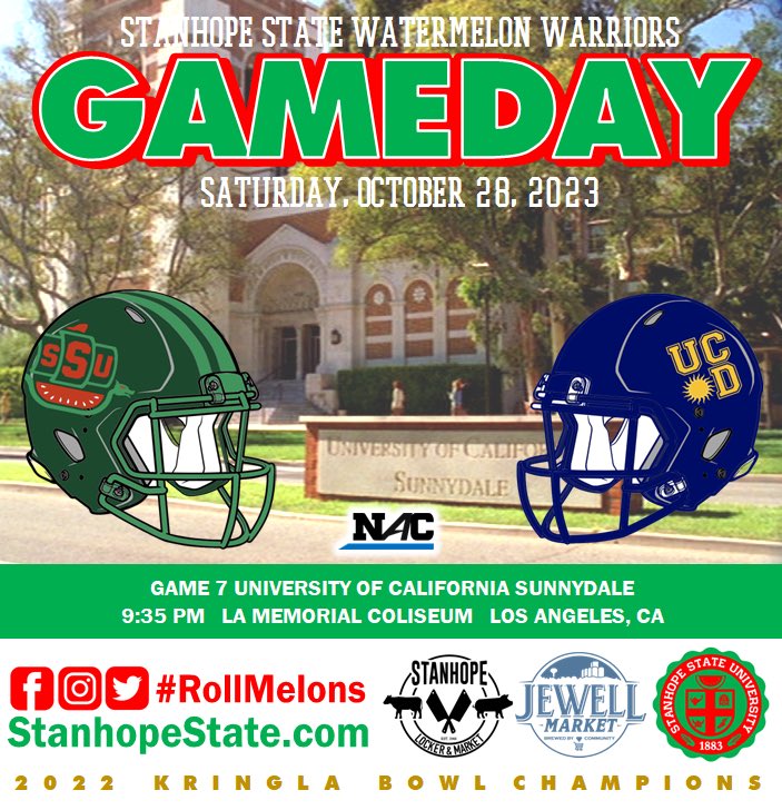 stanhopestate's tweet photo. 🏈GAME DAY: Your undefeated, bowl eligible Watermelon Warriors are out on the west coast for a late night conference match up with UC Sunnydale.
💰 Stanhope State -20.5
📻 KLOP 96.1 FM
📺 Stratford Cable
📱 https://t.co/SfDG1TSipW
#rollmelons https://t.co/wyYZYHCKOm