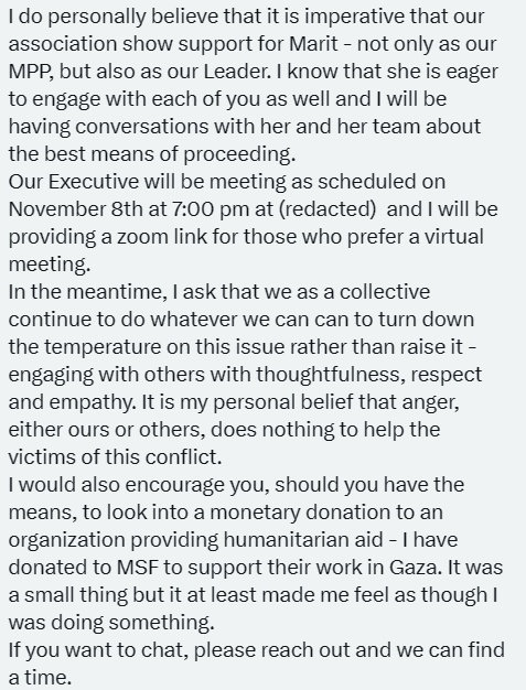 Jessa_McLean's tweet photo. I'm mortified for Marit Stiles' riding of @DavenportNDP 

Their President (a good friend and colleague of @MaritStiles) tells members to be quiet and make a donation to absolve their guilt over Palestine.

You can't fix a Party when people like this are leading the way.

/1 https://t.co/gdmtixGvtK