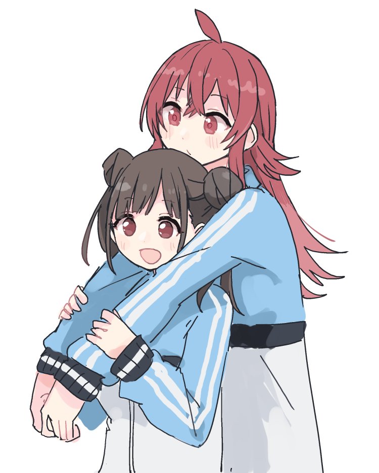 komiya kaho ,sonoda chiyoko 2girls multiple girls hair bun double bun hug from behind hug red eyes  illustration images