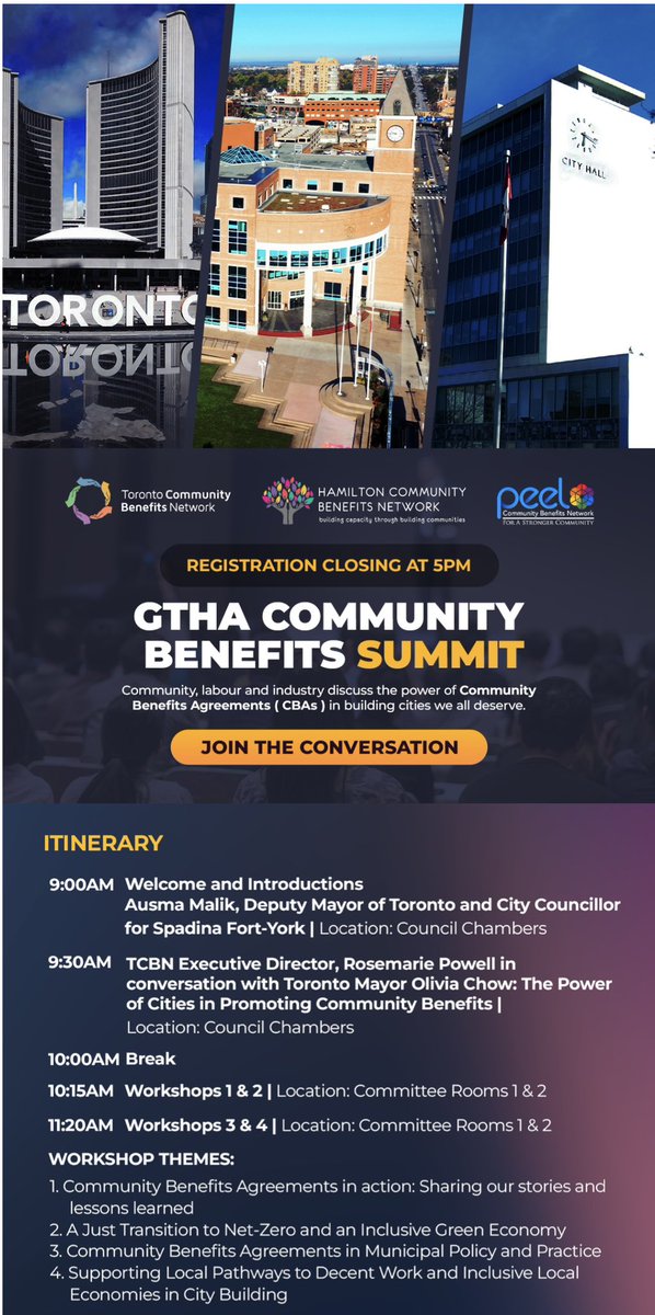 FOMossPark's tweet photo. GTHA Community Benefits Summit right now!

WORKSHOP THEMES:
Community Benefits Agreements in action
A Just Transition to Net-Zero and an Inclusive Green Economy
Community Benefits Agreements in Municipal Policy
Supporting Local Pathways to Decent Work https://t.co/GYYS7vj3ai