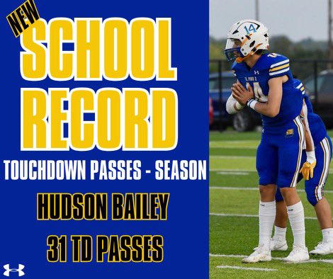 Congratulations to sophomore <a href="/HudsonBailey16/">Hudson Bailey</a> for breaking the TD passes record previously held by <a href="/JackMosh7/">Jack Mosh</a>. Great job Huddy!! The best is yet to come. #LFFC
