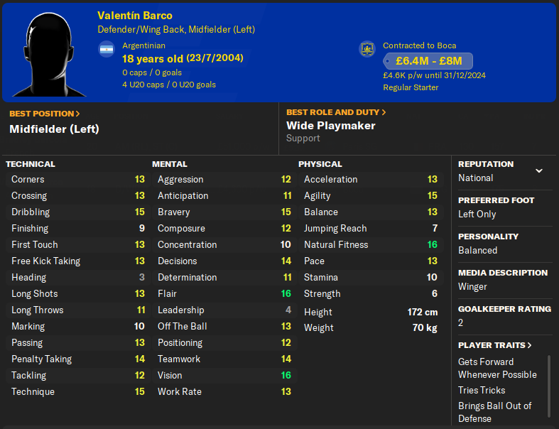 fmscout's tweet photo. #FM24 Wonderkid of the Day: 🔥The Next Big Fullback

🇦🇷 Valentin BARCO
With an asking price of up to 8M (release clause), this 18 year old attacking full-back is rated 87/100 on our list based on growth at an avg PA. BARGAIN!

Check his scouting profile ⤵️
https://t.co/CdTxgLgmU8 https://t.co/b3anfVuOEc