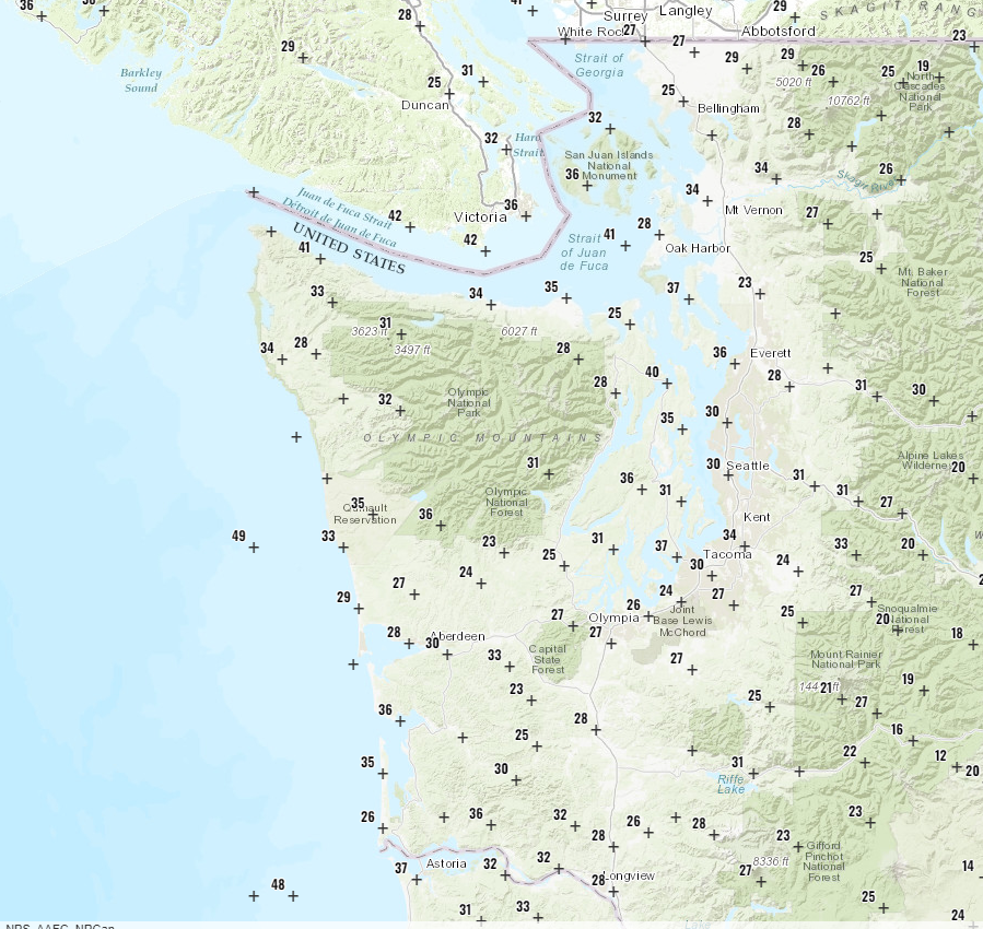 Record lows set at Bellingham (24°) & Hoquiam (27°) already this morning. Previous record lows for both places were set in 1971. Seattle-Tacoma airport low so far 34°. Last time Seattle had a low of 32° or less in October was Oct. 31, 2006 (30°). Map of 6 am temps below. #wawx