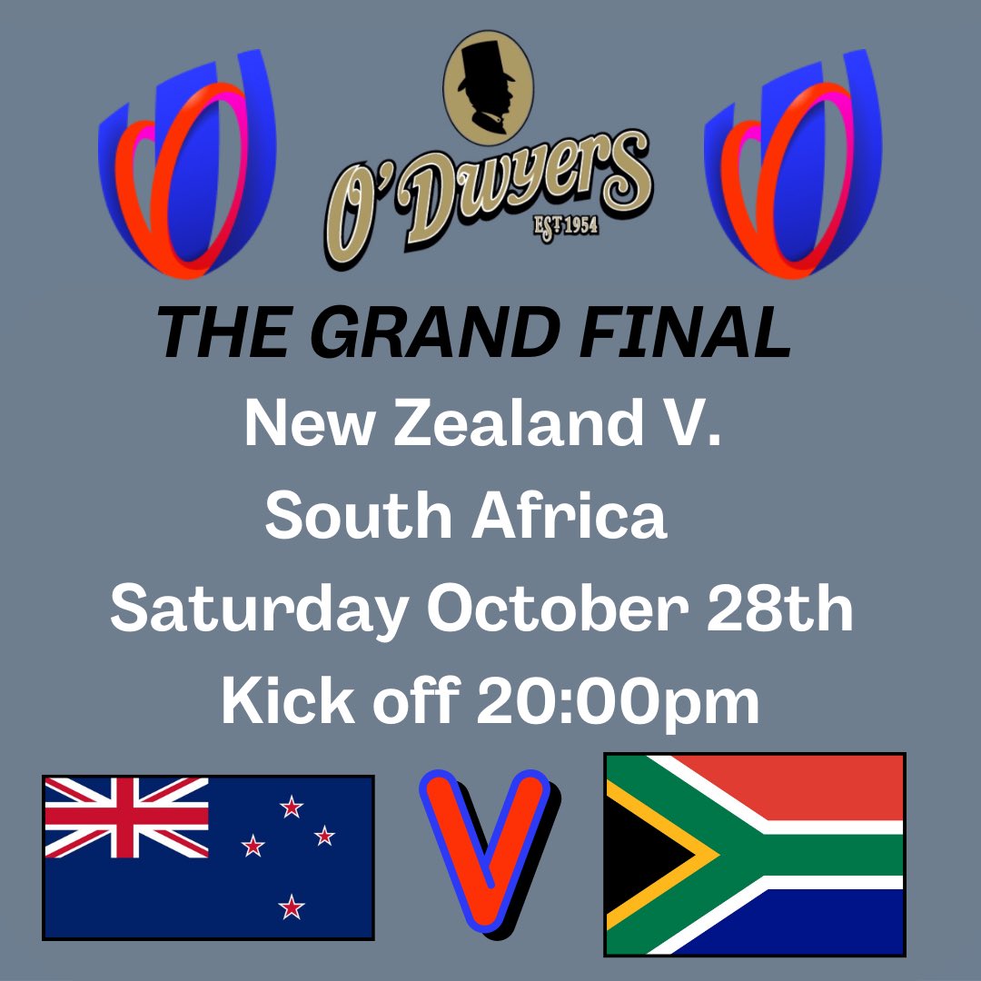 🏉 WRC GRAND FINAL 🏉 🏉 New Zealand 🇳🇿 V. South Africa 🇿🇦 - 8pm Don’t miss the the grand final live at O’Dwyers Kilmacud! 😃 #RWC #grandfinal #Rugby #rugbyworldcup2023 #RugbyWorldCup