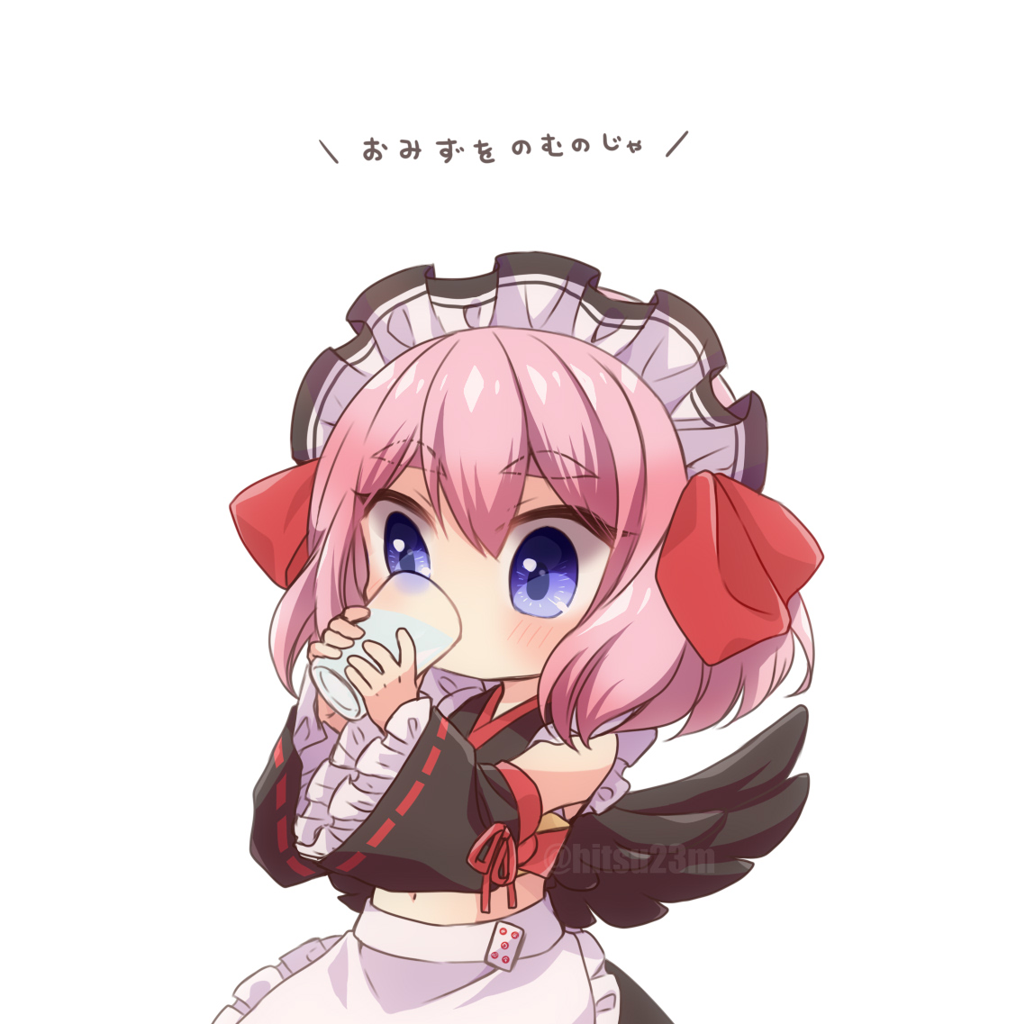 1girl solo wings pink hair apron black wings maid headdress  illustration images