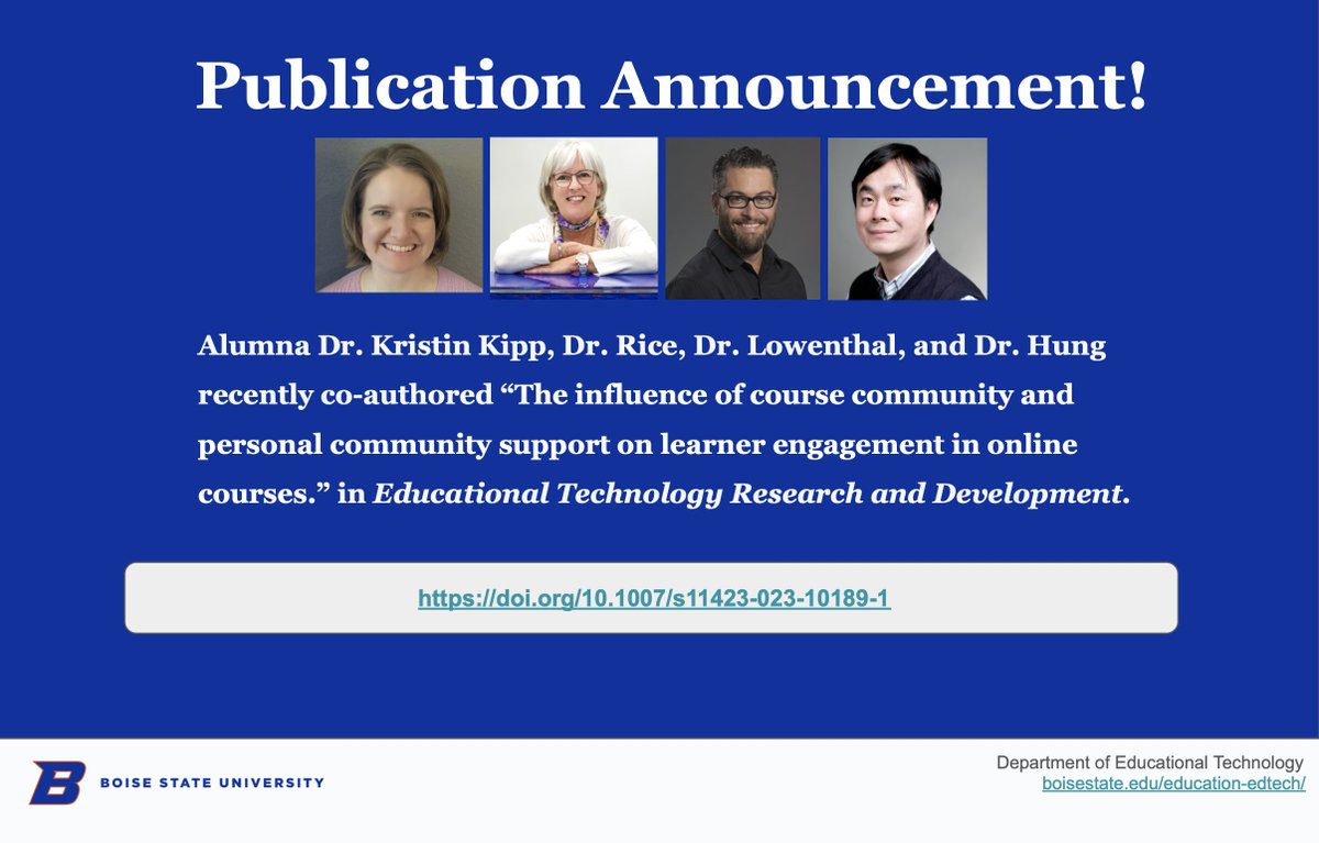 EDTECH@Boise State (@edtechbsu) on Twitter photo Alumna Dr. Kristin Kipp <a href="/KristinKipp/">Kristin Kipp</a>, <a href="/kerryrice/">Kerry Rice</a>, <a href="/plowenthal/">Patrick Lowenthal</a>, and Dr. Hung recently co-authored “The influence of course community and personal community support on learner engagement in online courses.” doi.org/10.1007/s11423… <a href="/edtechbsu/">EDTECH@Boise State</a> #Edtech <a href="/OnlineBoise/">Boise State Online</a> Alumna Dr. Kristin Kipp <a href="/KristinKipp/">Kristin Kipp</a>, <a href="/kerryrice/">Kerry Rice</a>, <a href="/plowenthal/">Patrick Lowenthal</a>, and Dr. Hung recently co-authored “The influence of course community and personal community support on learner engagement in online courses.” doi.org/10.1007/s11423… <a href="/edtechbsu/">EDTECH@Boise State</a> #Edtech <a href="/OnlineBoise/">Boise State Online</a>