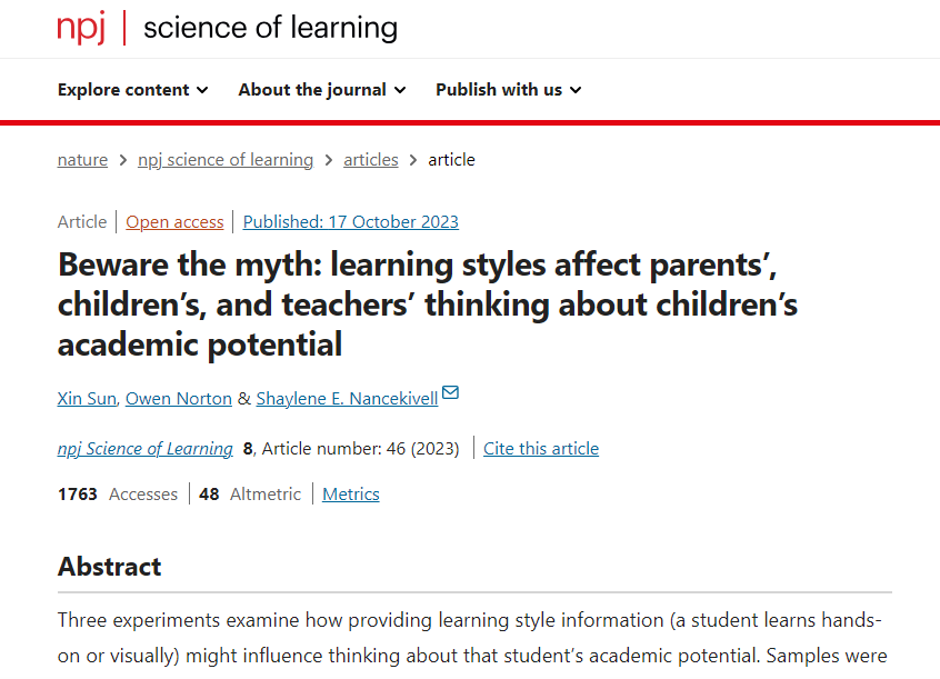 Whoa... this learning styles myth is potentially not neutral. It can affect what people think children can do. 
nature.com/articles/s4153…