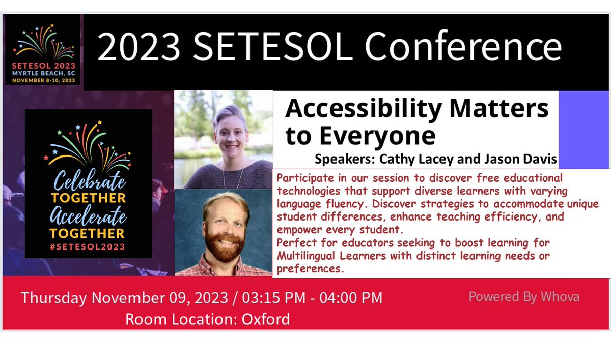 CathleenLacey's tweet photo. Who is going to #SETESOL2023? Join @MrJKDavis and me as we share free tools and strategies to empower every student, boost teacher efficiency, and cater to unique learner needs on Nov 9 from 3:15-4:00 in the Oxford Room.#InclusiveEducation #AccessibilityMatters @CarolinaTesol https://t.co/r7lSlamcCG