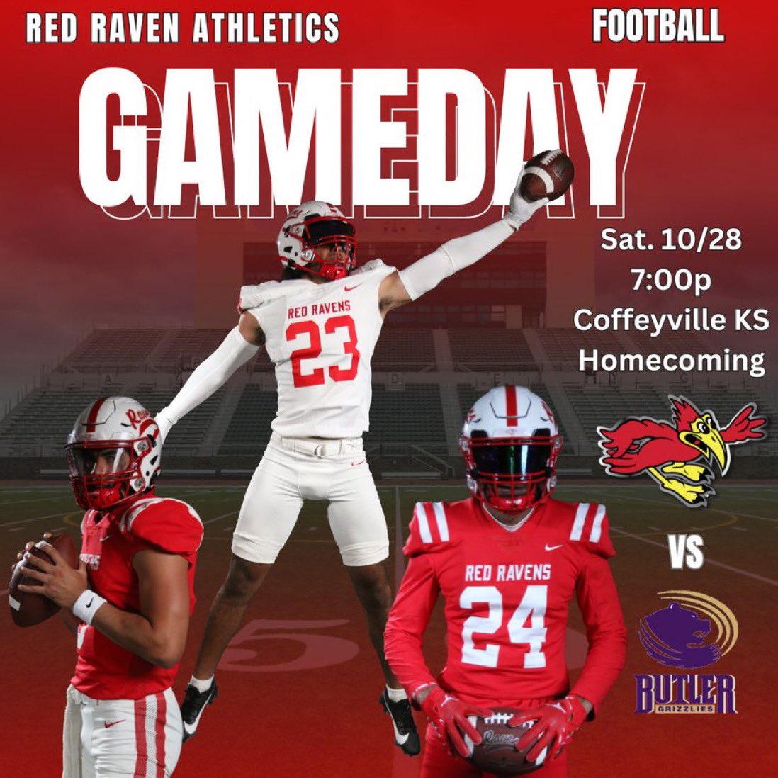Rivalry Night⌛️ 

🆚 No.13 Butler CC
🗓Saturday, September 28th
⏰ 7 p.m.
📍Coffeyville,KS
🏟Veterans Memorial Stadium 
📺 youtube.com/@RedRavenSport…
<a href="/redravensports/">Red Raven Sports</a>