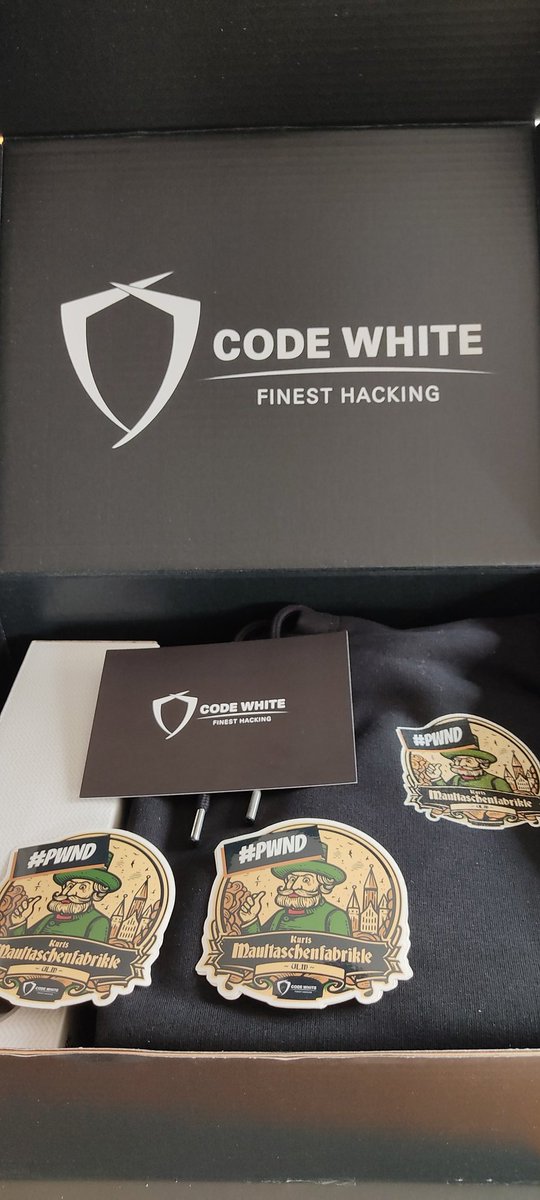 Thank you <a href="/codewhitesec/">CODE WHITE GmbH</a> for the interesting challenges and the great swag pack 😎 #Maultaschenfabrikle