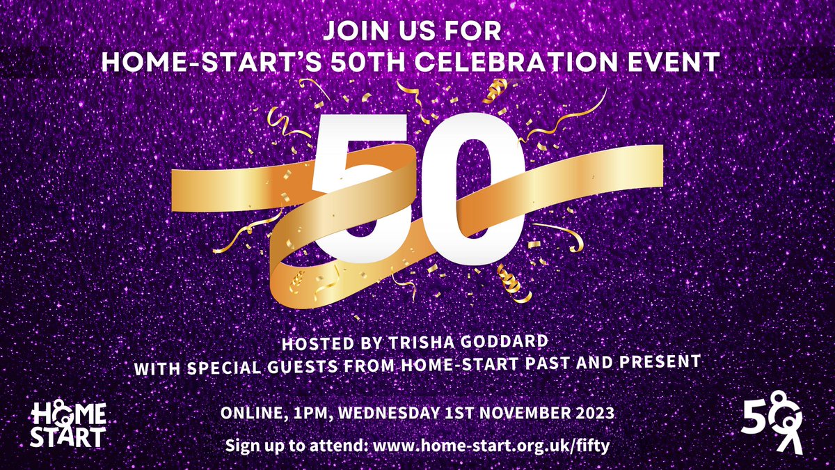 Home-Start began supporting families on 1st November 1973. Fifty years later, we invite you to join us for a celebration event to mark this special moment in our history.
The event will take place online and be hosted by patron Trisha Goddard. Sign up here buff.ly/3McnwYp