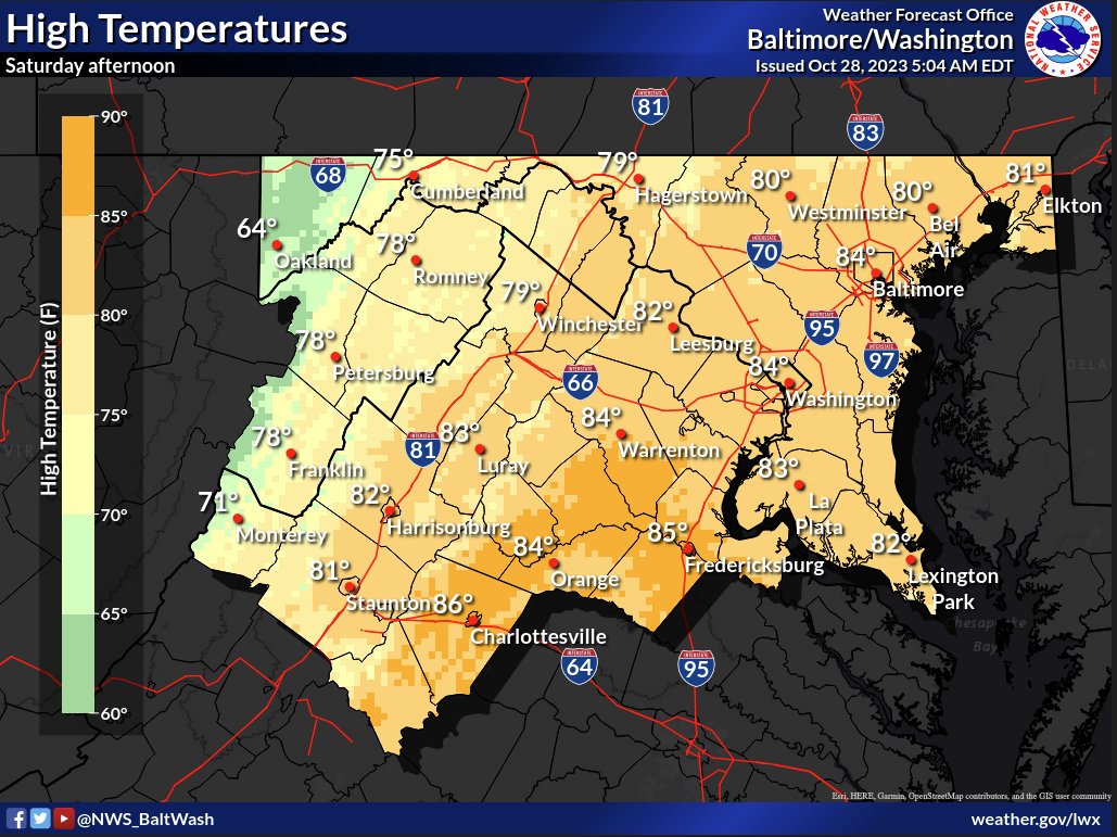 Another warm day today. Highs reaching the lower to middle 80s along the Shenandoah Valley and areas east. Slightly cooler in the Appalachians and surrounding valleys. Isolated showers this morning in western Maryland. Other showers develop farther east this afternoon.