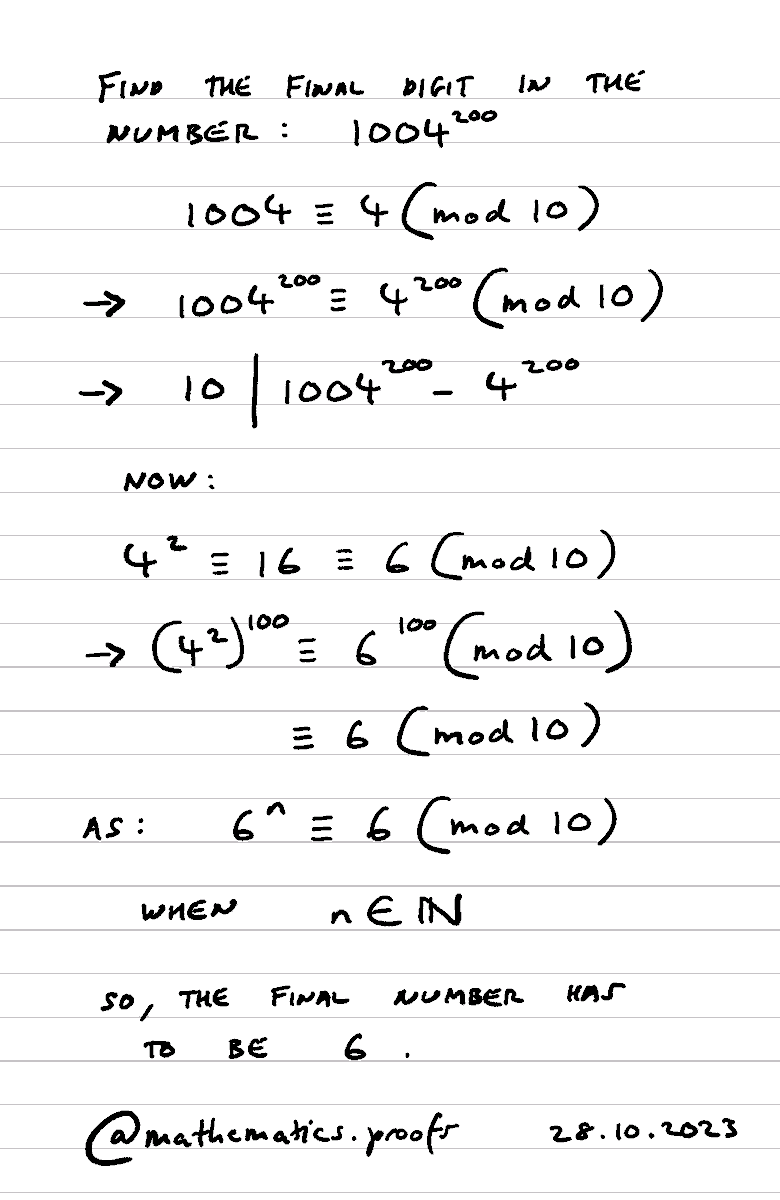 tiago_hands's tweet image. Find the final digit in the number 1004²⁰⁰... #furtherpuremaths #modulararithmetic #clockarithmetic #math