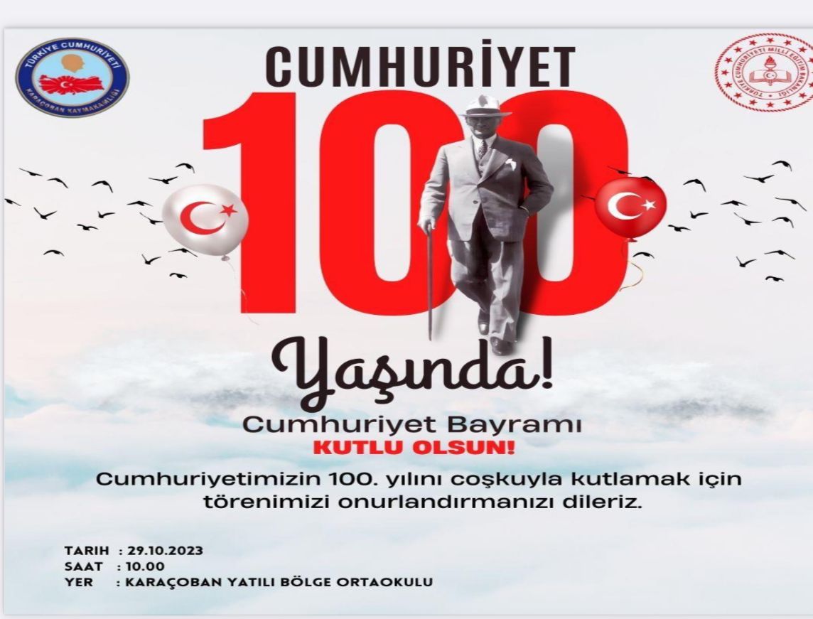 Cumhuriyetimizin 100. yılını coşkuyla kutluyoruz. Etkinliklerimize tüm ilçe halkımız davetlidir. 🇹🇷🇹🇷