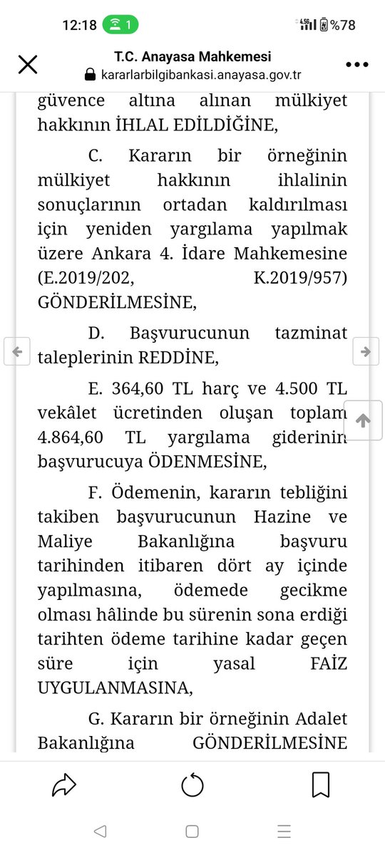 AYM;Mahkeme kararıyla YASAL FAİZ işletilerek tespit edilen alacağın enflasyon karşısında yitirilen değerinin karşılanmaması nedeniyle başvurucunun mülkiyet hakkı ihlal edilmiştir.