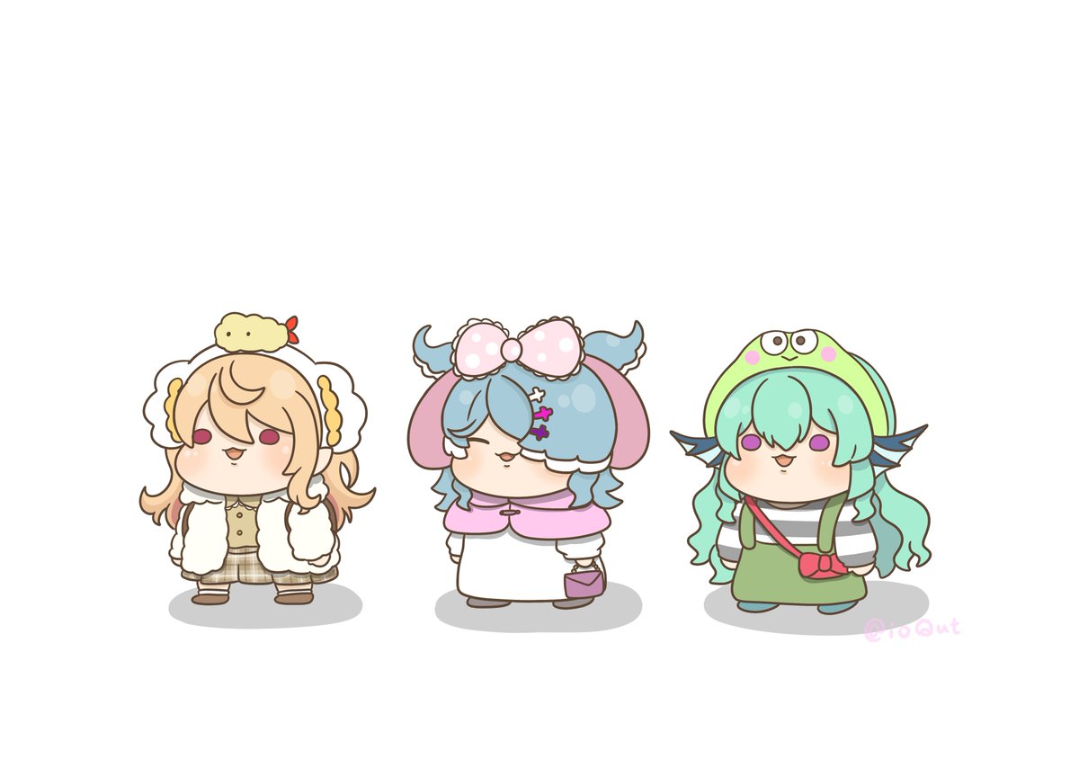 elira pendora ,finana ryugu ,pomu rainpuff multiple girls one eye covered 3girls overalls fish girl chibi hair over one eye  illustration images