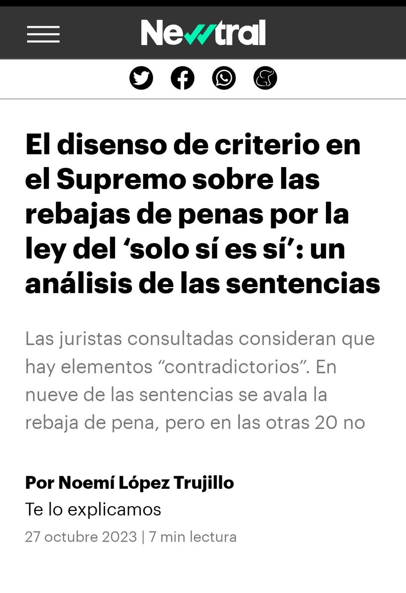 honrubiahurtado's tweet photo. ¡Atención! De 29 rebajas de penas por la cuestión de la Ley del "solo sí es sí" revisadas por el Supremo, 20 de ellas han sido revertidas, y solo 9 se han mantenido.

De esas 9, 2 de ellas no revisaban la rebaja de pena para revertirla, sino que revisaban porque el condenado pedía una rebaja mayor. La fiscalía no había recurrido la rebaja o lo había hecho fuera de plazo. El Tribunal no admite una rebaja mayor pero tampoco puede revertir la establecida porque no se había recurrido.

En varias de las 7 restantes se comete una flagrante contradicción, contraria además totalmente al espíritu de la Ley, con la cuestión de la violencia y la intimidación. Todo en función de si la sentencia "original" había condenado o no a pena mínima después de haber constatado violencia o intimidación.

Si no lo había hecho, la rebaja se revierte. Si lo había hecho, la rebaja se mantiene porque dice el Rubiales con toga de turno que al fusionarse los tipos de abuso y agresión, y reducirse la pena mínima, pues que entonces ya da igual si existía o no violencia e intimidación, que la nueva pena mínima está justificada (aunque precisamente la amplitud de la nueva horquilla estuviera pensada por el legislador para lo contrario). 

Algunas de esas sentencias fueron además "sentencias de conformidad" en las que, pese a existir violencia e intimidación, se establece pena mínima por acuerdo entre las partes, con lo cual aplicar la rebaja de manera "automática" carece de todo rigor y de todo sentido. Pero lo hacen.

Es un auténtico escándalo. Una auténtica vergüenza que vuelve a demostrar que todo esto no ha sido más que una gran "operación de estado" para ir contra la Ley, y, sobre todo, para ir contra la Ministra Montero, el Ministerio y contra Podemos. 

Por cierto, ¿cuántas de estas sentencias que no admiten las rebajas de penas han sido contadas por el contador infame y misógino de La Sexta?, ¿cuántas de las que sí las admiten han sido explicadas en sus clarividentes detalles?

Asco inmenso 👇👇

https://t.co/jRb3JIrAUe