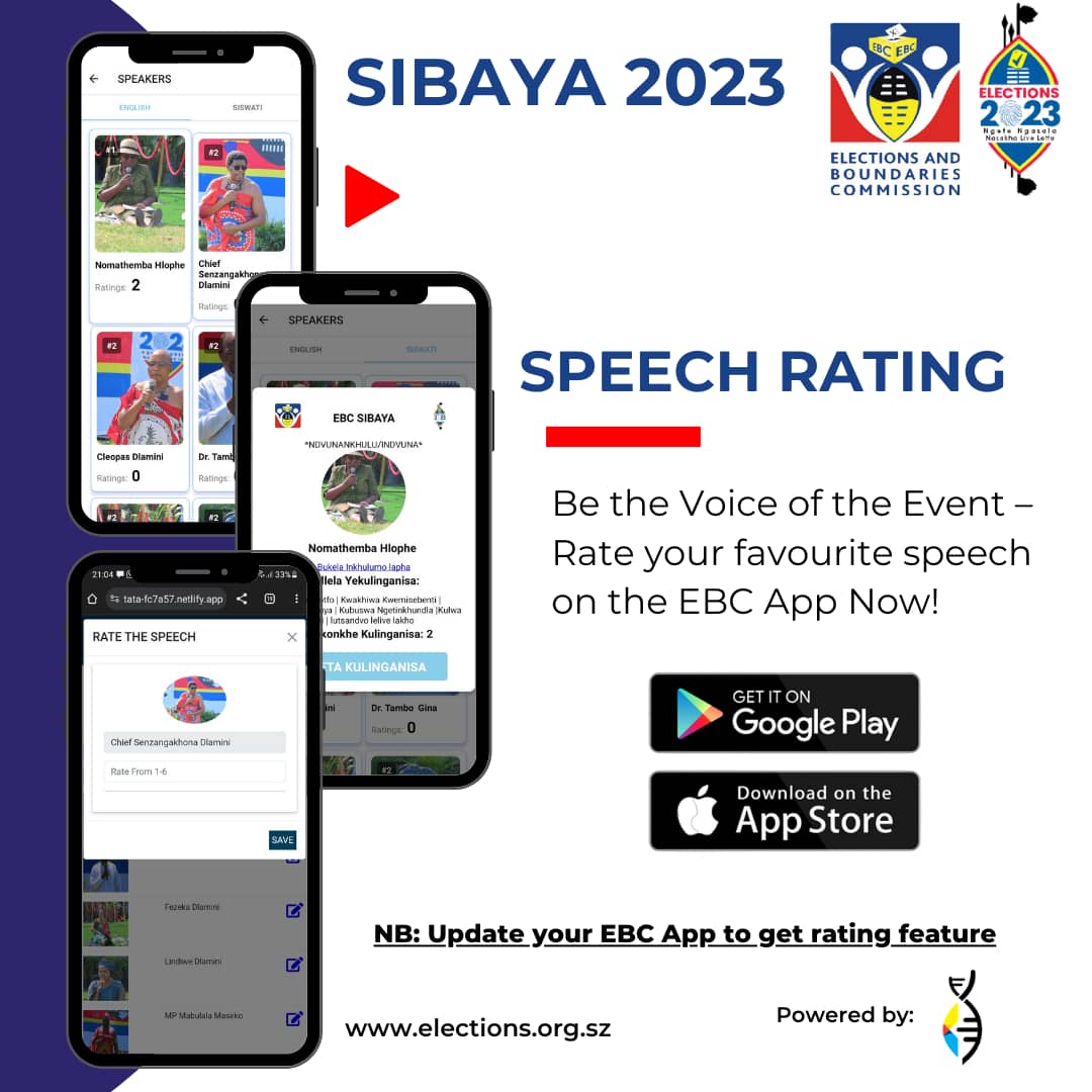 You can now use the EBC App to rate presentations made by the different panelists at the ongoing Sibaya (People's Parliament). Start by either updating the app or downloading it from Google Play Store if you had not done so already. #sibaya2023 #peoplesparliament #eswatini