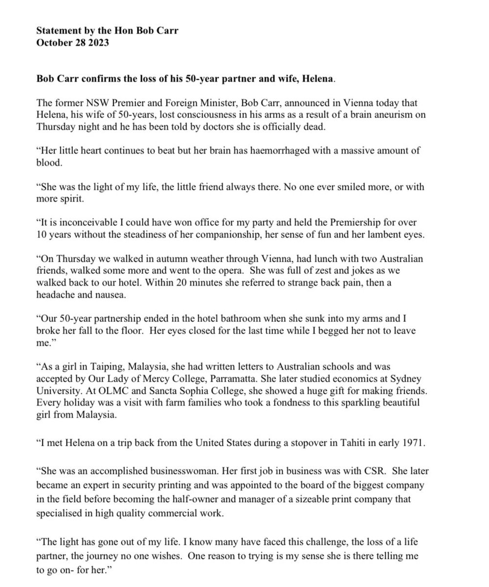 Bob Carr's statement on his wife Helena's sudden death is absolutely heartbreaking #nswpol