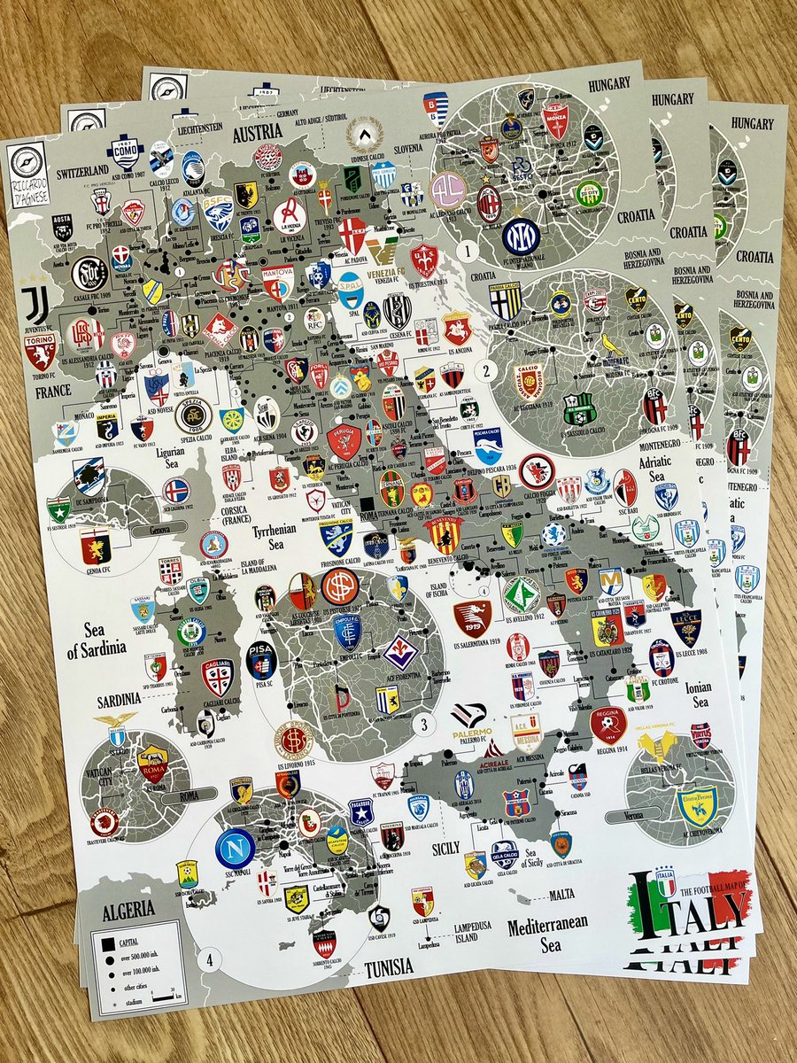 CalcioEngland's tweet image. 🚨 We have @RiccardoDAgnese’s incredible Italian club crest maps in stock, ready for immediate dispatch
Designed & manufactured in Pescara, 30x40cm, printed on high quality poster paper
🇬🇧 £24
🇪🇺 £29
🇨🇦 £30
🇺🇸 £32
✉️ DM to order, PayPal