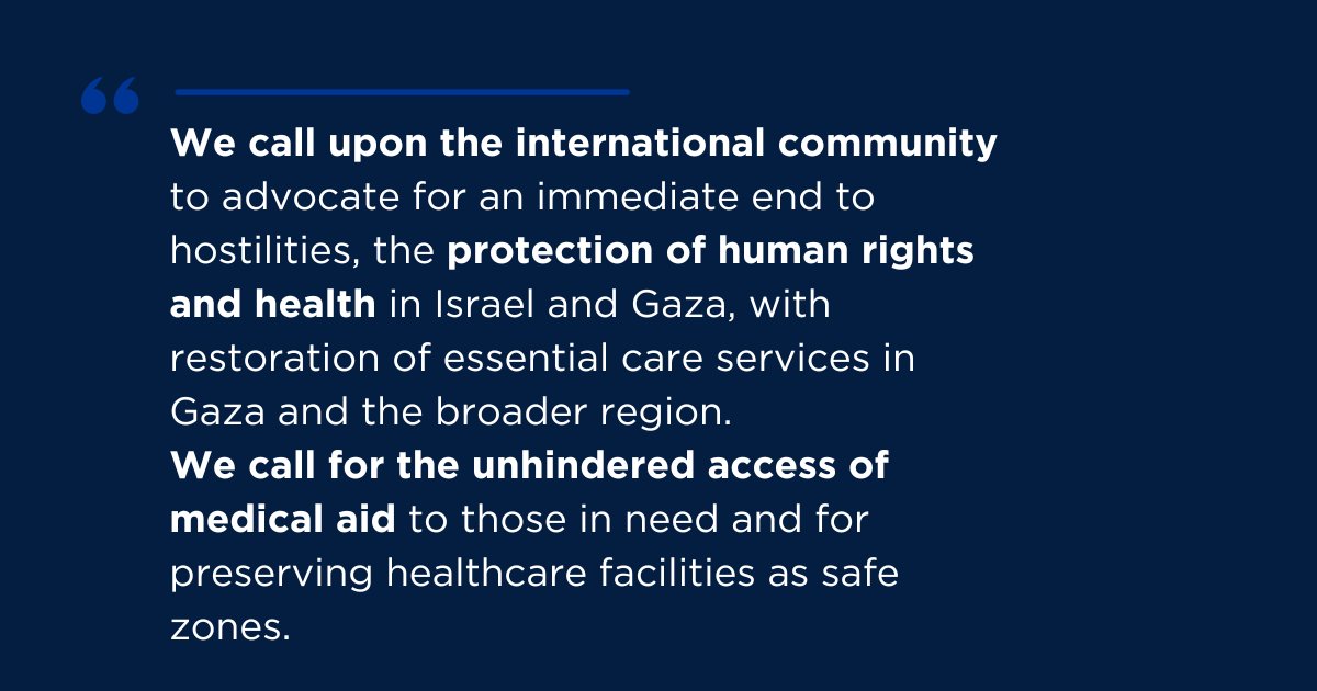 We express our deep concern about the impact of the conflict on healthcare infrastructure as well as Healthcare personnel & services in #Gaza. ‼️We call upon the international community to advocate for an immediate end to hostilities, the protection of human rights and health in