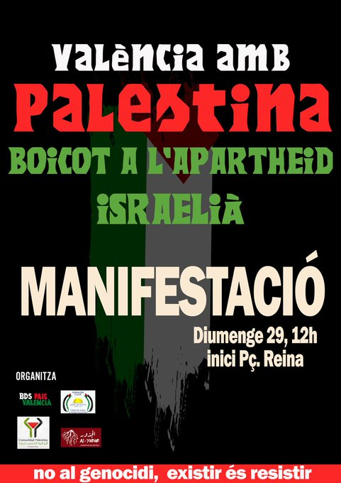 Fins ara he pogut participar en les tres concentracions que, en solidaritat amb Palestina, s'han fet a la ciutat de València.
Demà diumenge dia 29, aniré al 64é Aplec del Puig i des d'allà continuaré cridant contra l'estat genocida d'Israel i els seus còmplices imperialistes.